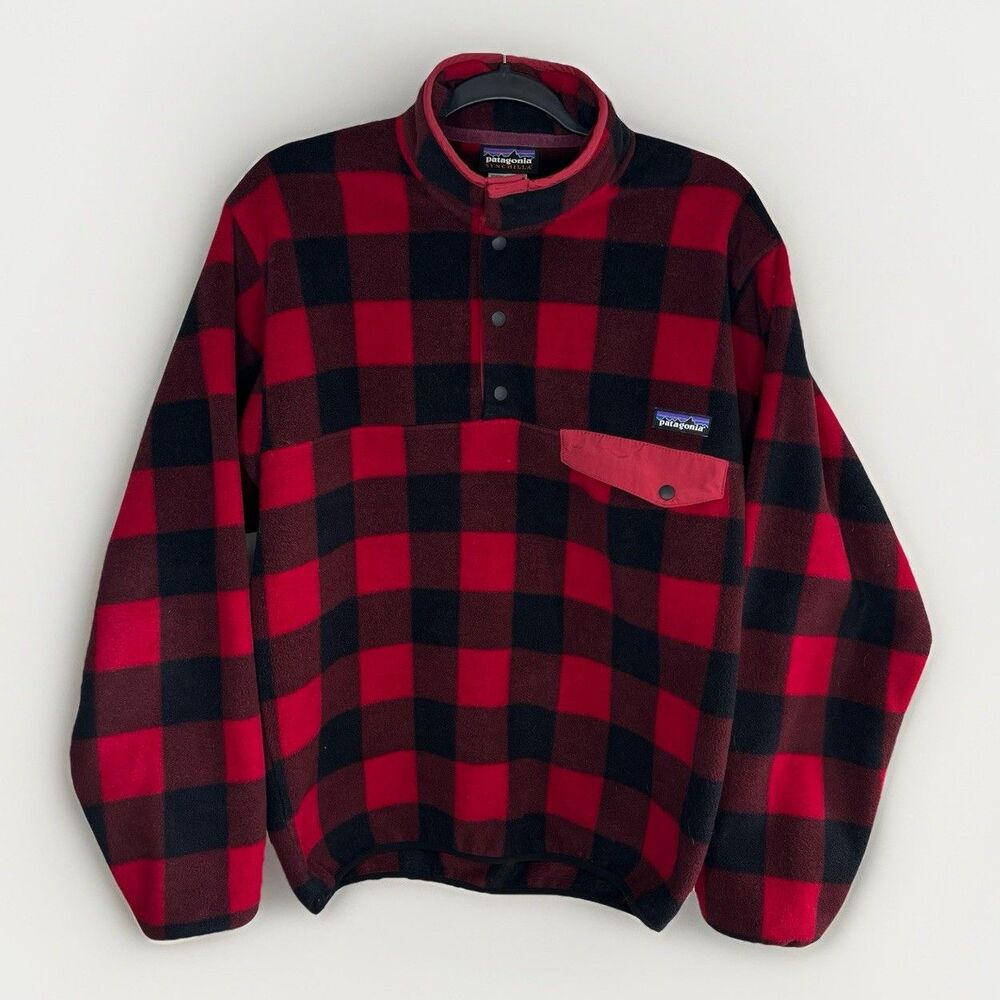 Mens Patagonia Buffalo Plaid Red-Black Synchilla Fleece Snap T Pullover Small
